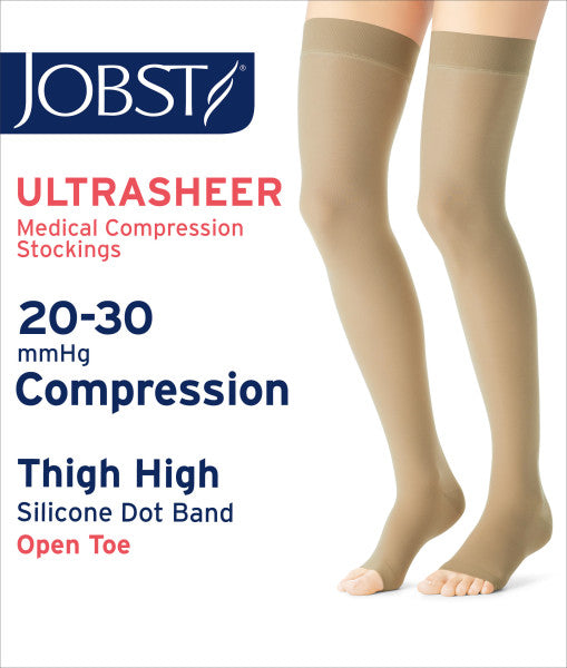 Load image into Gallery viewer, JOBST Women&#39;s UltraSheer Thigh High Dot Petite 20-30 mmHg Open Toe
