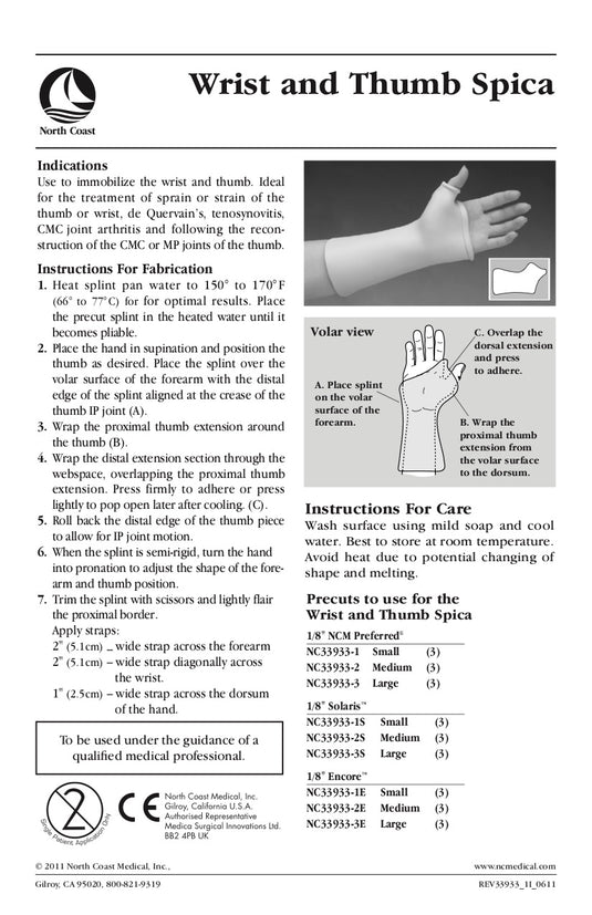 North Coast Medical Wrist and Thumb Spica Precut Splint