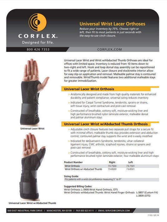 Corflex Universal Lacer Wrist Orthosis W/Abducted Thumb